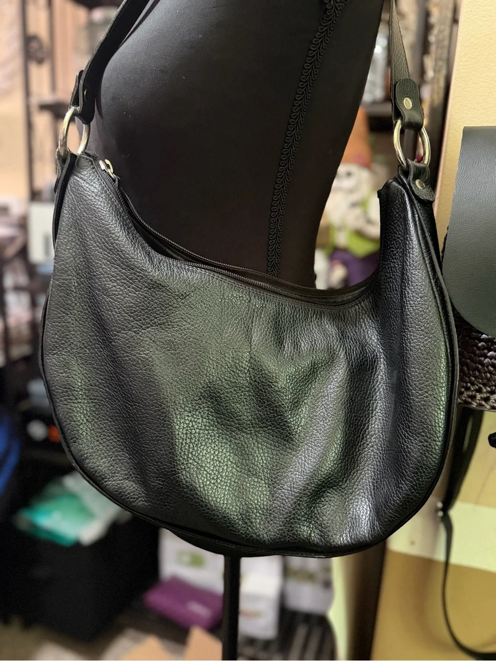 Black Leather Hobo Bag with Silver Ring Accents
